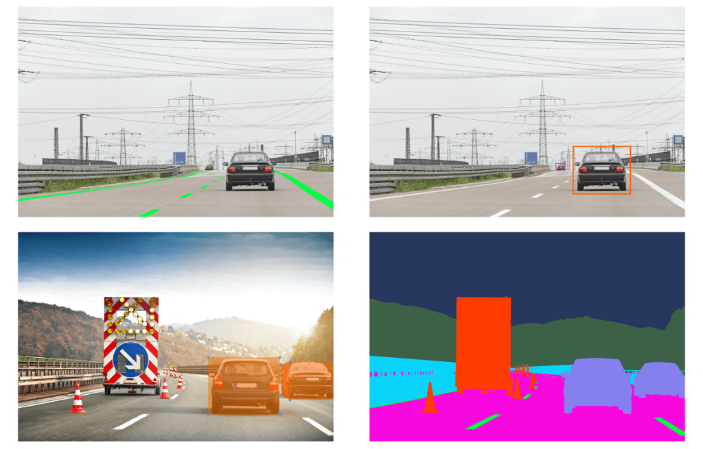 Verschiedene Methoden der Bildannotation: Road Lines, Bounding Boxes, Cubes und Full Segmentation (von links oben)