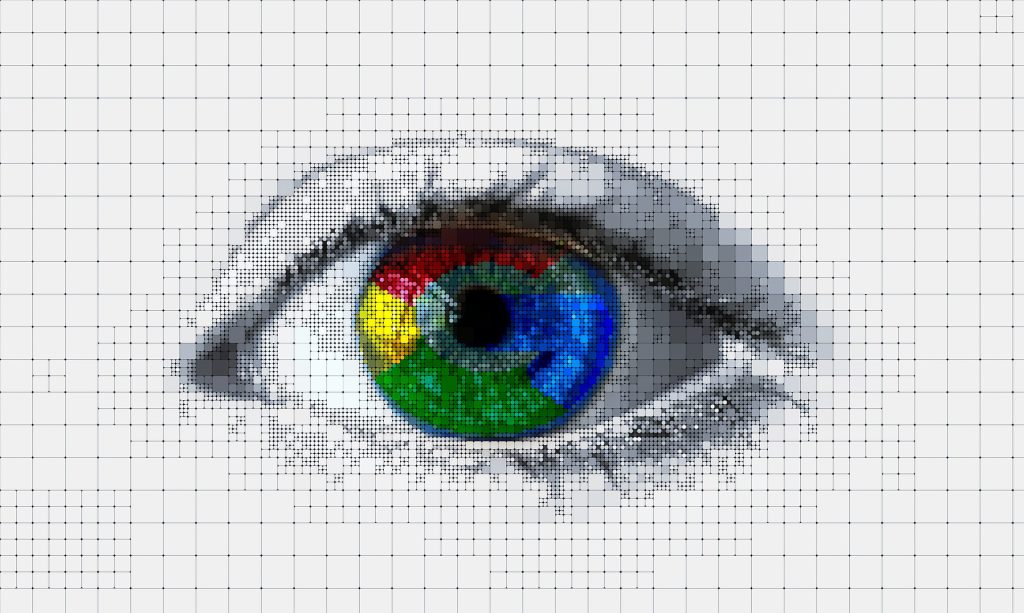 Google Helpful Content Update: Menschliches Auge mit Google-Farben
